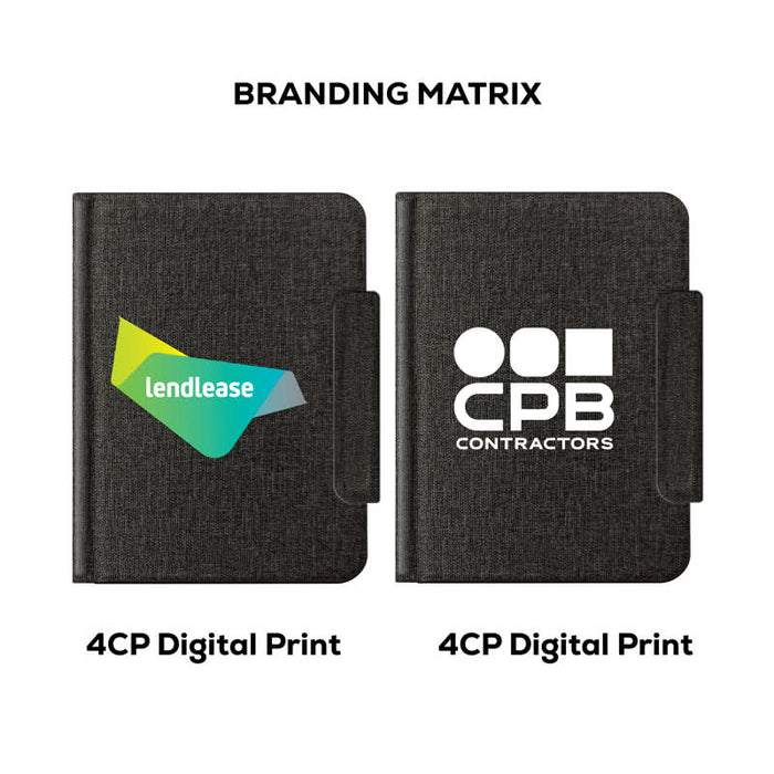 MiTag Duo Passport Holder with Global Tracking Tag - A black passport holder featuring a textured finish and two branding logos on the front.