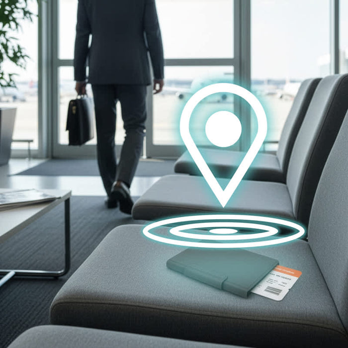 MiTag Duo Passport Holder with Global Tracking Tag - A teal passport holder sits on a grey sofa in an airport lounge, with a logo and a tracking symbol above it.