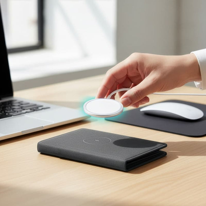 MiTag Duo Passport Holder with Global Tracking Tag - A black passport holder with a tracking tag being placed on a laptop desk, alongside a mouse and a notebook.