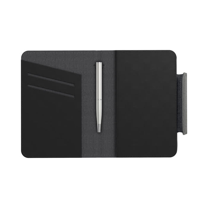 MiTag Duo Passport Holder with Global Tracking Tag - A black passport holder with a sleek design, featuring card slots and a metallic pen.