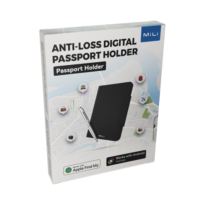 MiTag Duo Passport Holder with Global Tracking Tag - A black passport holder with a pen, packaged with a map design and a logo.