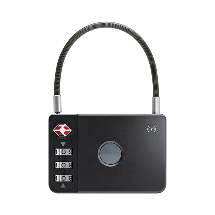 MiLock Duo Tag Luggage Lock - A black luggage lock featuring a numeric keypad and a cable lock. It has a logo on the body.