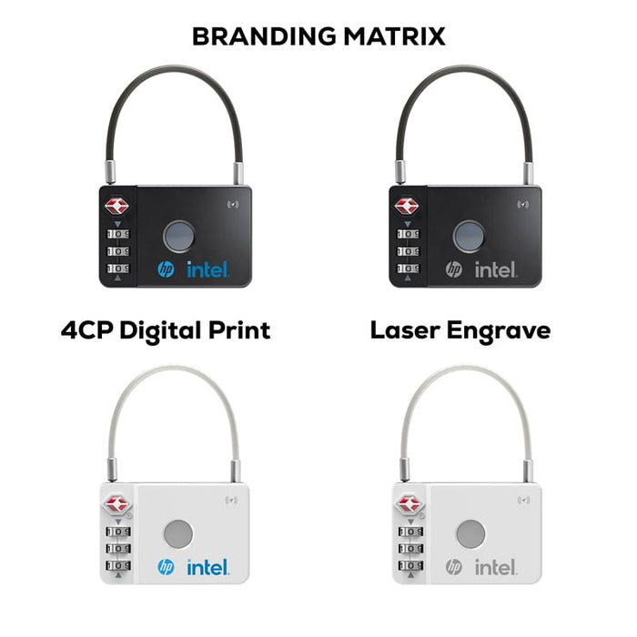 MiLock Duo Tag Luggage Lock - A set of four luggage locks in black and white, featuring combination dials and branding logos.