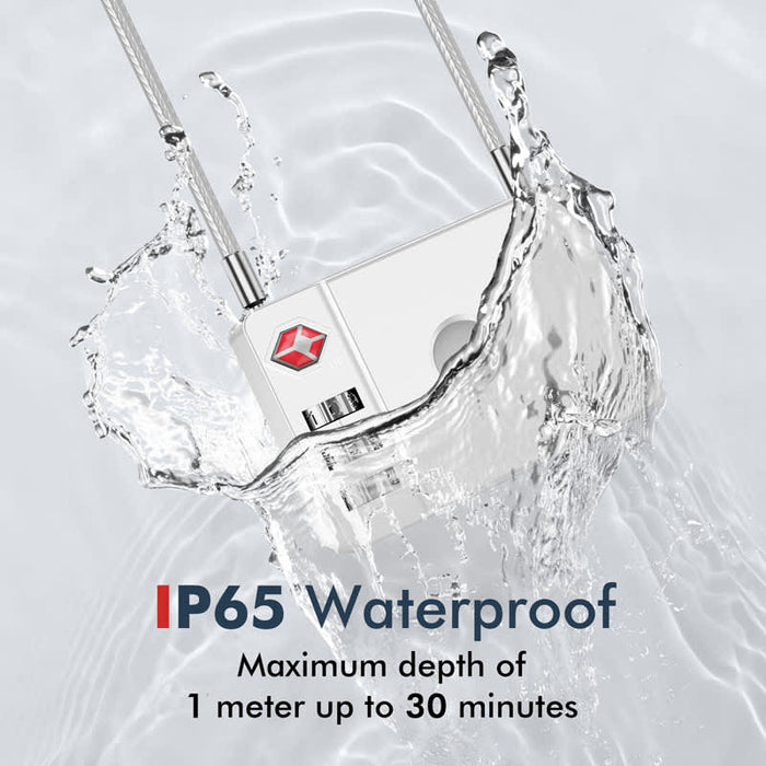 MiLock Duo Tag Luggage Lock - A waterproof luggage lock in a splash of water, featuring a sleek design and a logo.