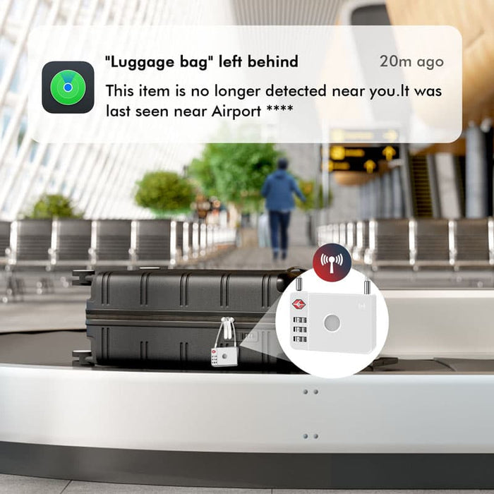 MiLock Duo Tag Luggage Lock - A luggage lock in silver is attached to a black suitcase on a baggage carousel. The setting is an airport terminal with seating in the background.