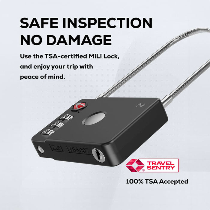 MiLock Duo Tag Luggage Lock - A black luggage lock with a braided cable and a logo, featuring buttons for setting a combination.