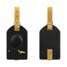 MiTag Duo Tracker Luggage Tag - A black luggage tag with a yellow strap featuring a plane and circular design. The reverse side is plain.
