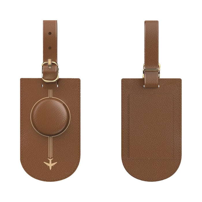MiTag Duo Tracker Luggage Tag - A brown luggage tag with a smooth circular attachment, featuring a subtle design and a loop for securing to luggage.