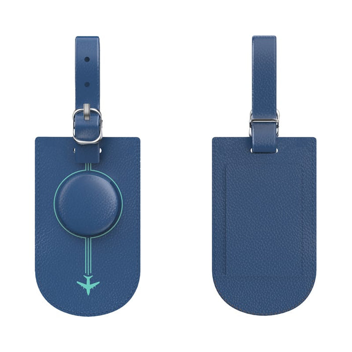MiTag Duo Tracker Luggage Tag - A blue luggage tag featuring a circular attachment and a textured design, with a pocket on one side.