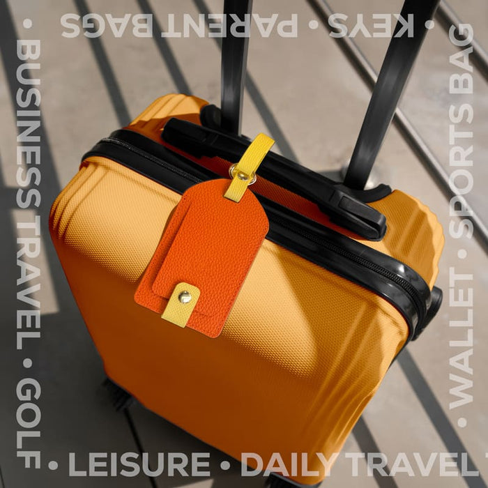 MiTag Duo Tracker Luggage Tag - A bright yellow suitcase featuring an orange luggage tag attached, resting on a flat surface.