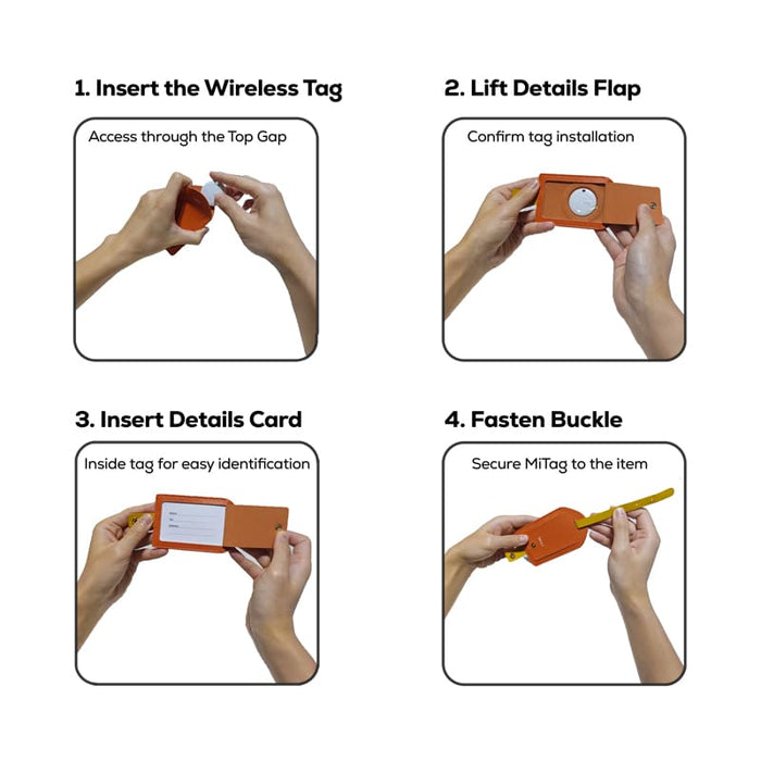 MiTag Duo Tracker Luggage Tag - A set of four images illustrating the steps to use the orange MiTag Duo Luggage Tag, showing hands performing each action.