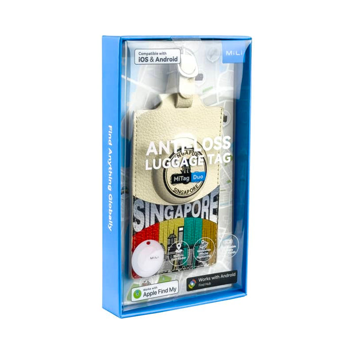 MiTag Duo Tracker Luggage Tag - A white luggage tag featuring a cityscape design, packaged in a blue box with a logo. Includes a small red device.