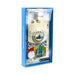 MiTag Duo Tracker Luggage Tag - A white luggage tag featuring a cityscape design, packaged in a blue box with a logo. Includes a small red device.