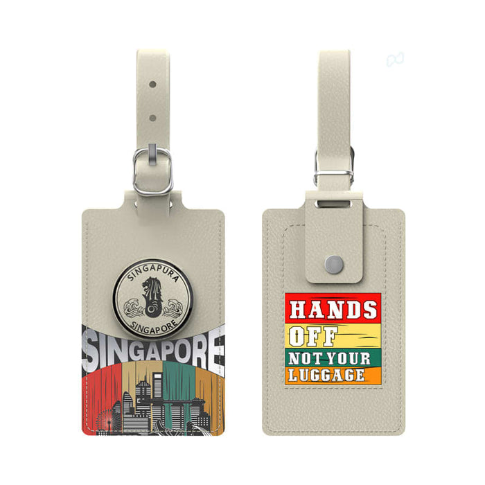 MiTag Duo Tracker Luggage Tag - A beige luggage tag featuring a cityscape design of Singapore and a coloured message on the reverse side.