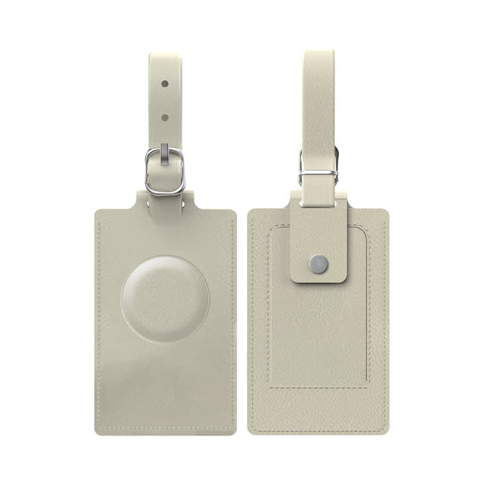 MiTag Duo Tracker Luggage Tag - A beige luggage tag with a rounded section on one side and a snap fastener on the other. It features a metal attachment.