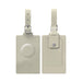 MiTag Duo Tracker Luggage Tag - A beige luggage tag with a rounded section on one side and a snap fastener on the other. It features a metal attachment.