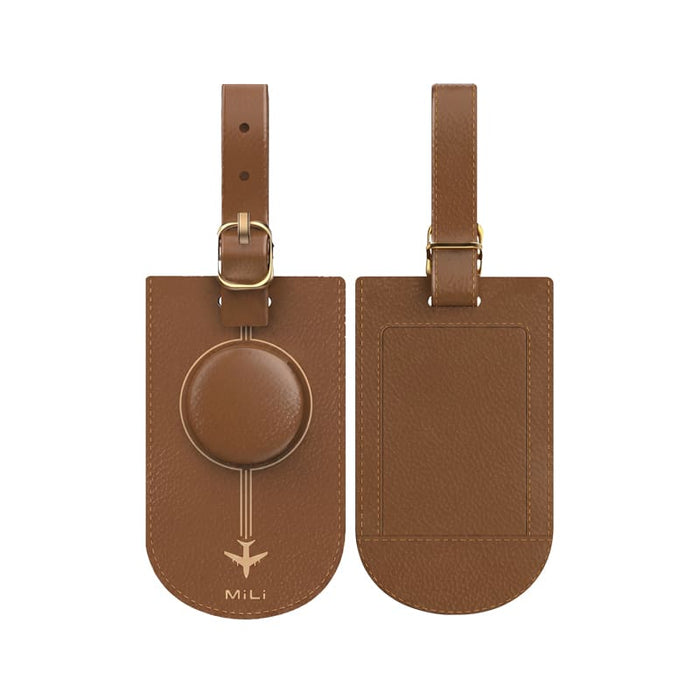 MiTag Duo Tracker Luggage Tag - A brown leather luggage tag with a circular attachment and a strap, featuring a logo.