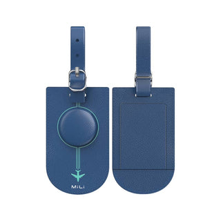 MiTag Duo Tracker Luggage Tag - A blue luggage tag with a round attachment, featuring a logo and a sleek design for easy identification.