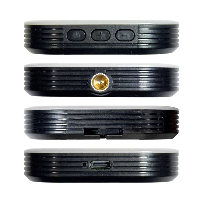 Essex Magnetic LED Selfie Light - A magnetic LED selfie light in black, displaying multiple sides with buttons and a charging port.
