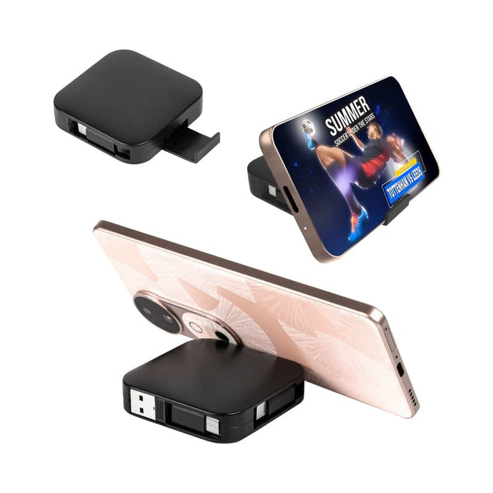 Avola Retractable Fast Charge Cable and Stand - Avola retractable fast charge cable and stand in black, featuring a compact design for convenience and functionality.