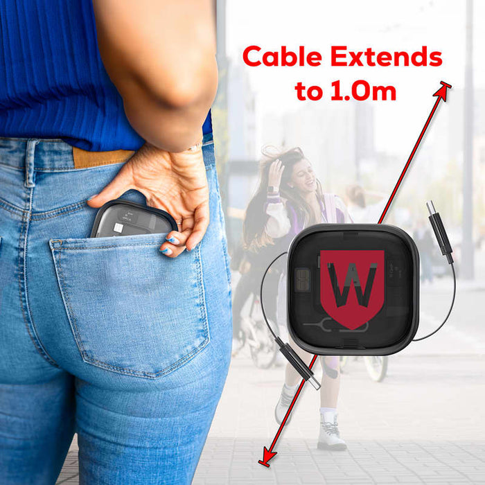 Catania Retractable 60W Fast Charging and Data Cable Set - A retractable 60W fast charging and data cable set in a black casing, with a red accent, extending to 1.0m.