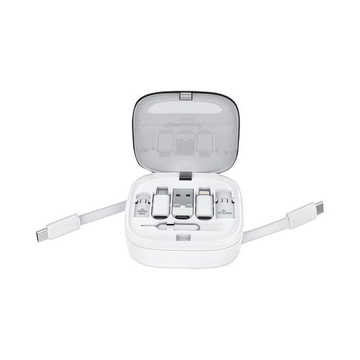 Catania Retractable 60W Fast Charging and Data Cable Set - A retractable 60W fast charging and data cable set in a white case, featuring multiple connector types.