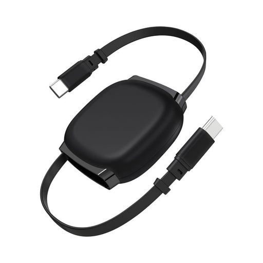 Paulo 100W Retractable Charging Data Cable - A black retractable charging data cable with USB-C connectors, featuring a compact design and a branding logo.