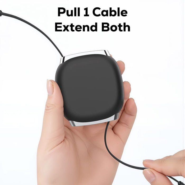 Paulo 100W Retractable Charging Data Cable - A retractable charging data cable in a sleek black casing, held in a hand, with one cable extended.