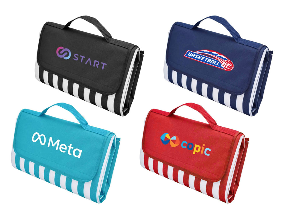 Ascot Picnic Rug, Aqua Blue -Extra Large - Four picnic rugs are displayed, featuring various logos and colour combinations, primarily in navy, red, and black.