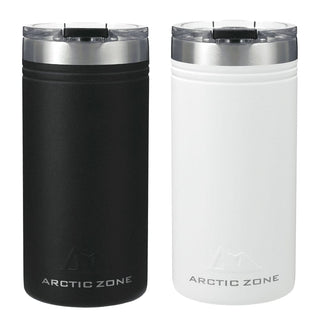 Arctic Zone Titan Thermal HP Slim Cooler 350ml - A drink bottle set featuring a black and a white Arctic Zone Titan Thermal HP Slim Cooler with a silver lid.