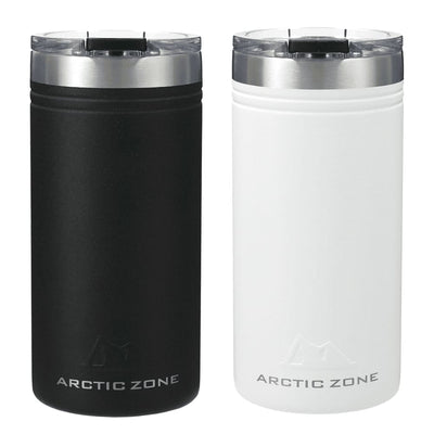 Arctic Zone Titan Thermal HP Slim Cooler 350ml - A drink bottle set featuring a black and a white Arctic Zone Titan Thermal HP Slim Cooler with a silver lid.