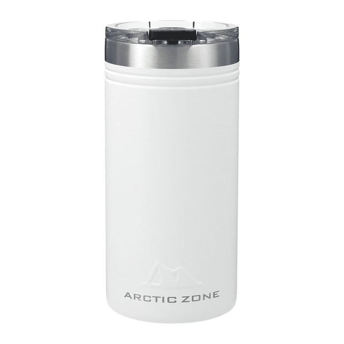 Arctic Zone Titan Thermal HP Slim Cooler 350ml - A drink bottle in white, featuring a sleek design and a stainless steel lid. It includes a logo on the front.