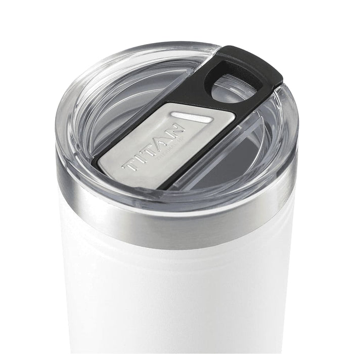 Arctic Zone Titan Thermal HP Slim Cooler 350ml - A drink bottle in white with a clear lid and a stainless steel rim, featuring a branding logo on the lid.
