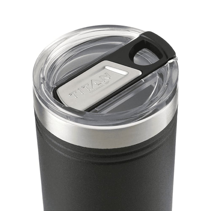 Arctic Zone Titan Thermal HP Slim Cooler 350ml - A drink bottle featuring a transparent lid and black body, with a silver band and a logo on the surface.