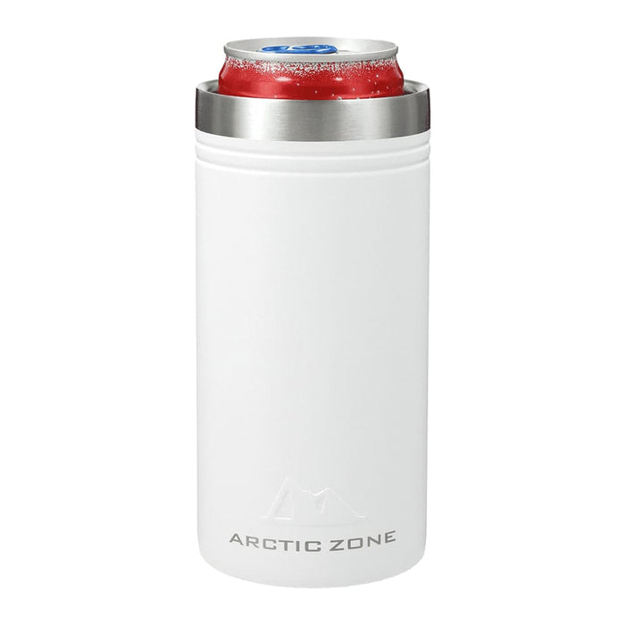 Arctic Zone Titan Thermal HP Slim Cooler 350ml - A drink bottle in white with a stainless steel top, designed to hold standard 350ml cans. Features a logo.