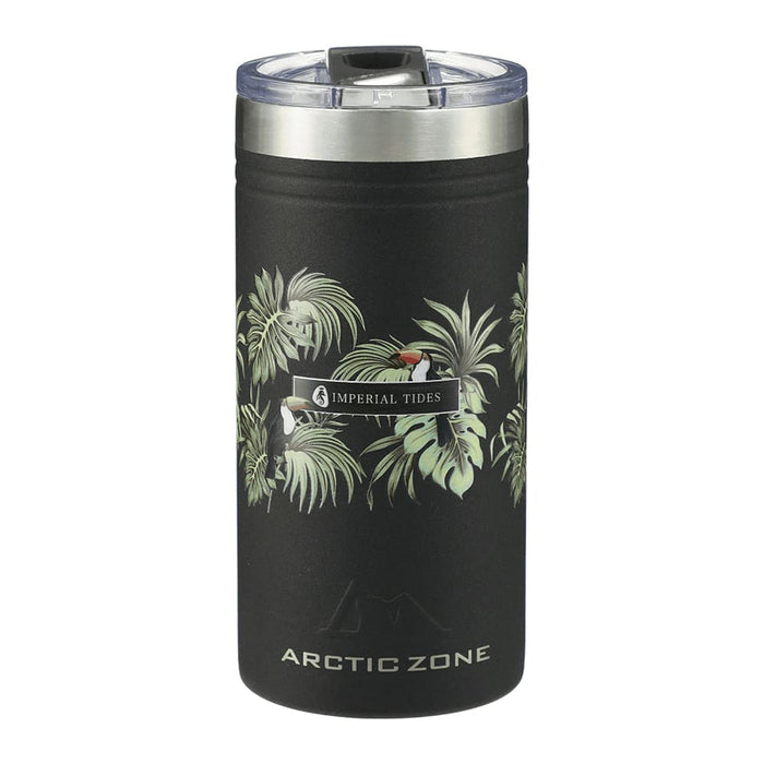 Arctic Zone Titan Thermal HP Slim Cooler 350ml - A drink bottle featuring a matte black design with tropical foliage and a silver lid, complete with a logo.