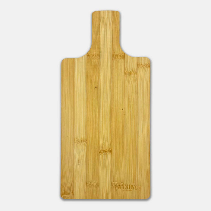 Ozi Bamboo Paddle Board - A bamboo paddle board in a natural wood finish with a handle, featuring a logo. Ideal for chopping and serving.