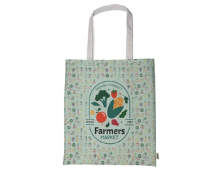 Spectra rPET Tote Bag 38cm x 43cm - A green tote bag featuring a variety of vegetables and a circular logo, with white handles and a patterned background.