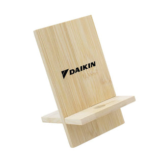 Groove Bamboo Phone Stand - A bamboo phone stand with a sleek design and a logo, featuring a natural wood finish.