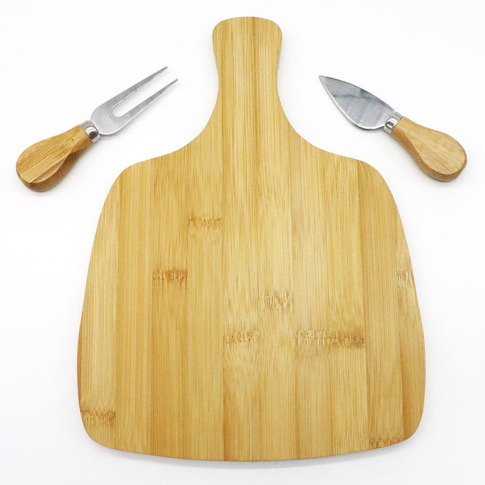 Artis Cheeseboard & Knife Set - A bamboo cheeseboard with two wooden-handled cheese knives. The set includes a knife and a fork.
