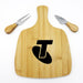 Artis Cheeseboard & Knife Set - A bamboo cheeseboard with a logo and two stainless steel knives featuring wooden handles.