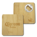 Square Bamboo Coaster - A square bamboo coaster featuring a bottle opener and a logo, with a natural wood finish.