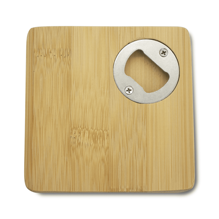 Square Bamboo Coaster - A square bamboo coaster featuring a circular bottle opener, showcasing natural wood texture.