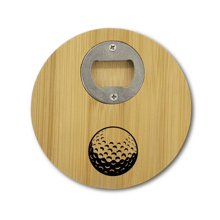 Round Bamboo Coaster - A round bamboo coaster with a silver bottle opener and a golf ball design in black.
