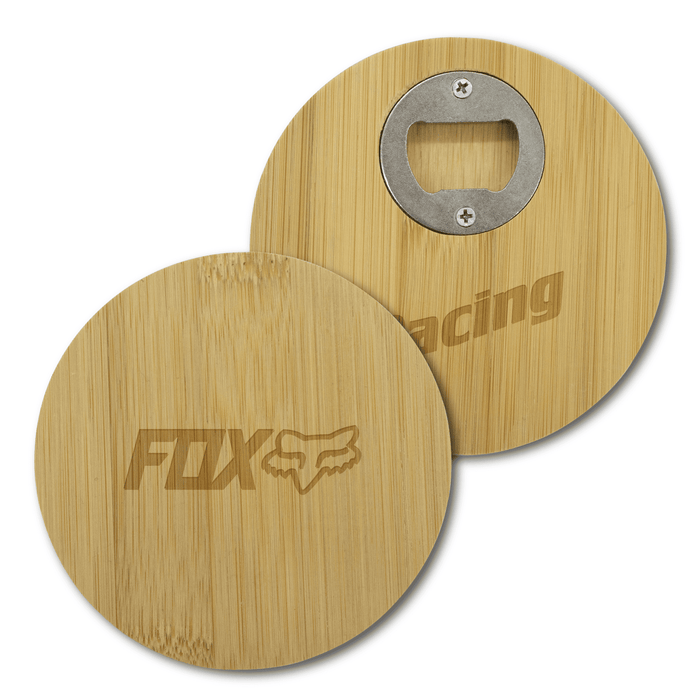 Round Bamboo Coaster - A round bamboo coaster featuring a bottle opener on one side and a logo on the other side.