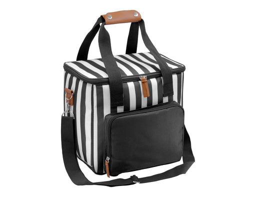 Ascot Jumbo Cooler, Black - A striped black and white cooler bag with a brown handle and a black front pocket, featuring adjustable shoulder straps.
