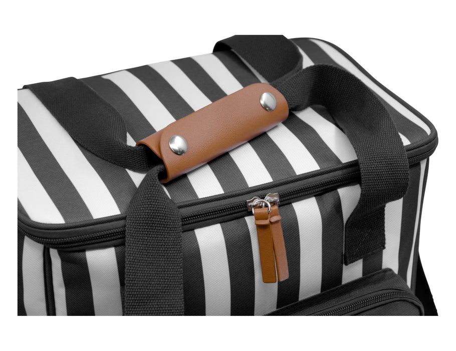 Ascot Jumbo Cooler, Black - A cooler bag with black and white stripes featuring a brown leather handle, ideal for transporting drinks.