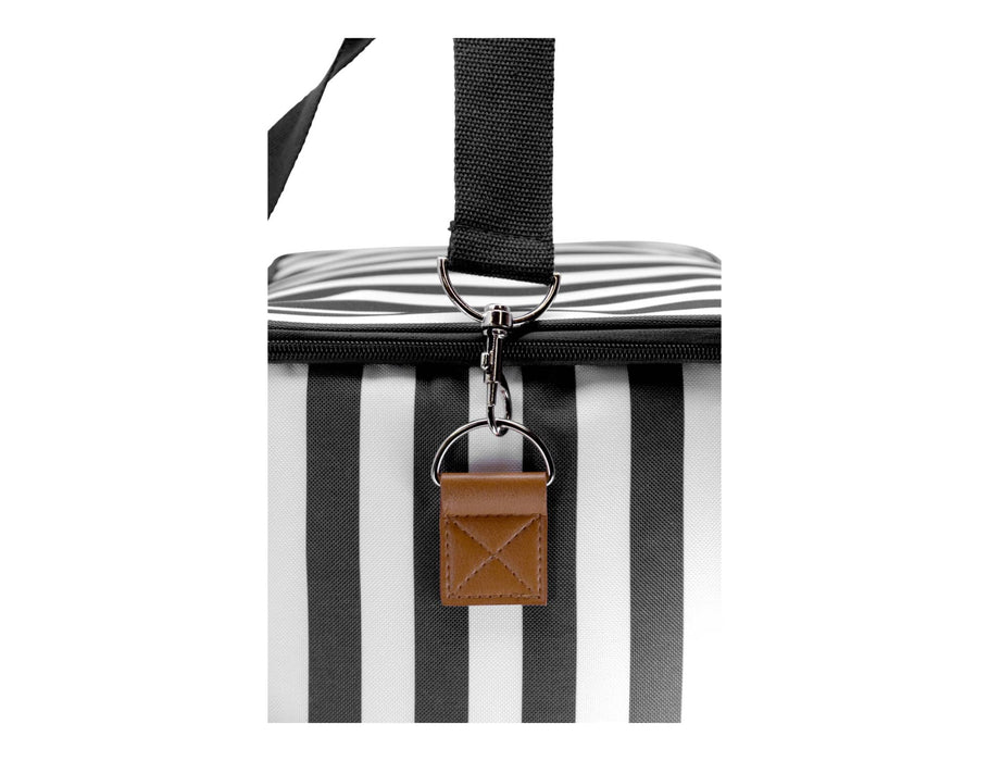 Ascot Jumbo Cooler, Black - A cooler bag with a black and white striped design, featuring a handle and a tag, and includes a logo.