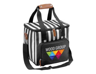 Ascot Jumbo Cooler, Black - A black and white striped cooler bag with a front zip pocket and a logo. It features sturdy handles and a shoulder strap.