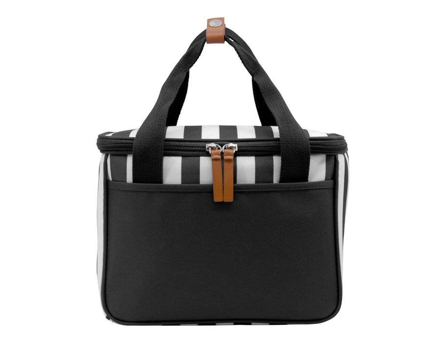 Ascot Picnic Cooler, Black - A black and white striped cooler bag with a front pocket and sturdy handles. It features a zip closure and a logo.